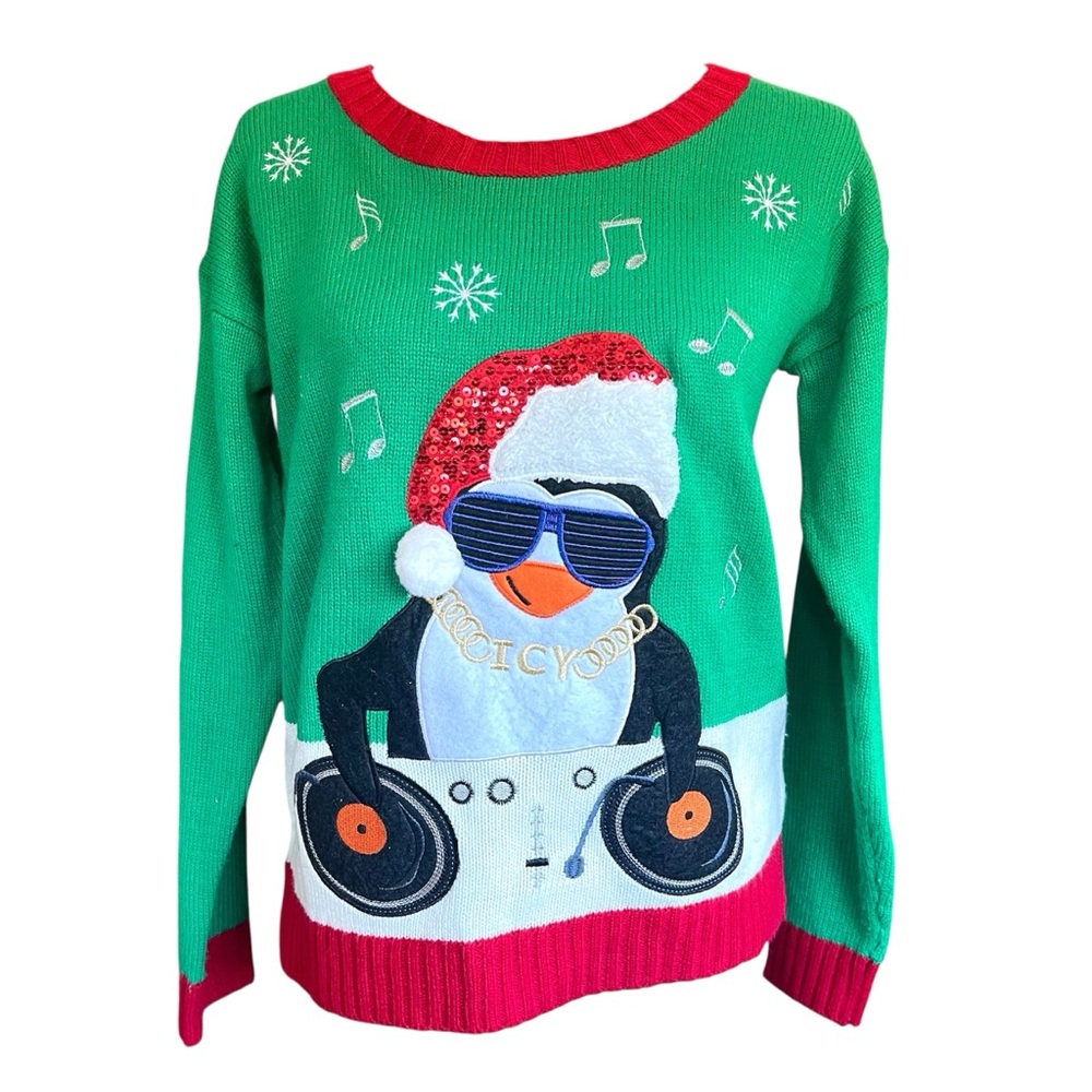 Ugly Christmas Sweater Size Small Penguin DJ Holiday Party Tacky Sweater Novelty